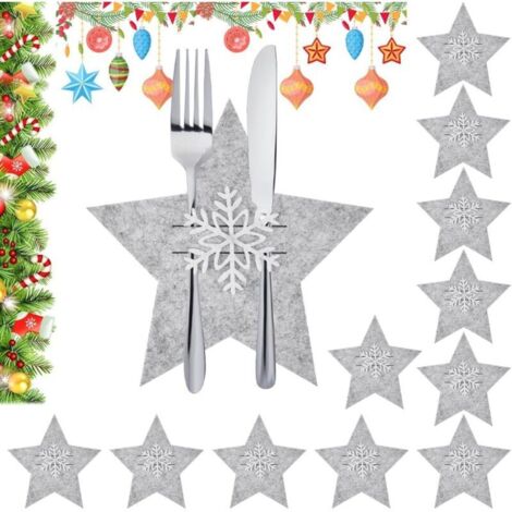 12 Pcs Porte Couverts Noël en Étoile Pochette Couvert Noël Porte Couvert Feutrine Noël Range Couvert pour Table de Noël Sac Couverts Noël avec Déco flocon pour Déco de Table Dîner Fête, Gris