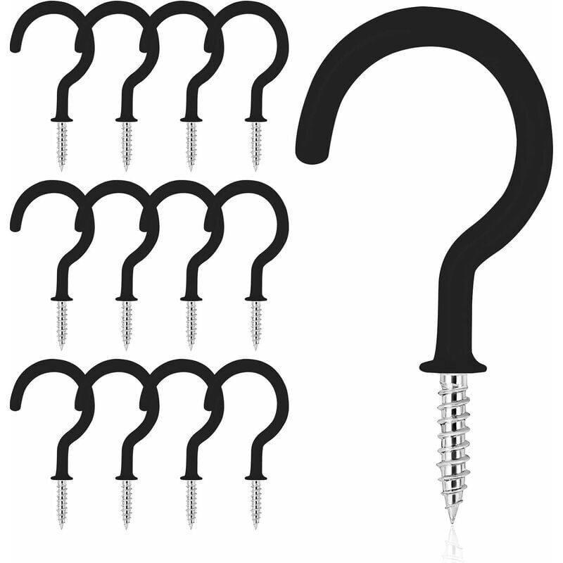 12 pcs Vinyl Coated Ceiling Hooks Question Mark Shape Hook Heavy Duty Screw Cup Hook for Bathroom Kitchen Wall Ceiling Hanging (Black, 2 Inch)