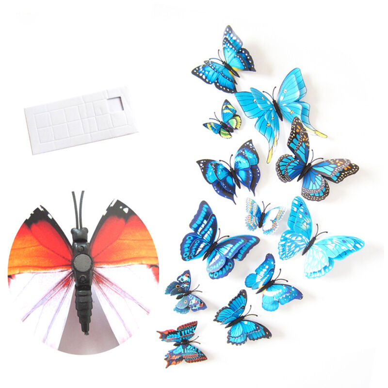 

12 pegatinas de pared, adhesivo de PVC con forma de mariposa de doble capa, adhesivo colorido, extraíble,Azul