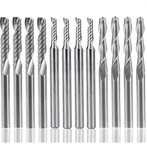 12 pezzi di frese in carburo di tungsteno, 4 pezzi da 1/8" per frese CNC a doppio tagliente + 8 pezzi di frese a tagliente singolo (2 tipi)