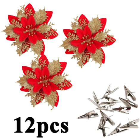 12 pezzi di stelle di Natale artificiali con paillettes, decorazioni di Noël, (rouge)