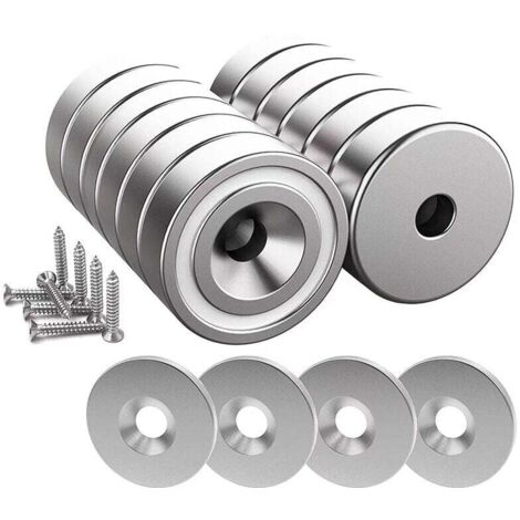 12 pezzi Magneti al neodimio 10 kg forza 20 x 7 mm con foro e capsula, magnete con base svasata con vite e 12 cuscinetti in acciaio (argento brillante)