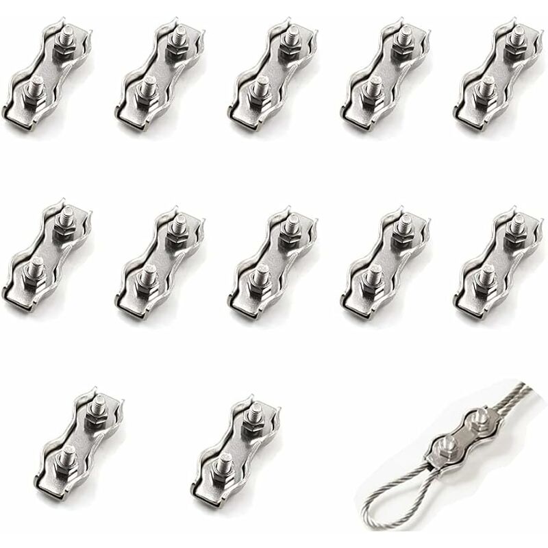 12 Pièces De Câble Métallique En Acier Double Pince m2, Connecteur De Pince De Câble En Acier Inoxydable Pince De Fixation De Câble De Frein, Utilisé