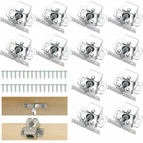 12 Pices Placard Loquet Porte d'Armoire, Rouleaux Fermetures Loquets, Armoire Catches Loquets, Durable Acier Armoire Double Rouleau Avec Vis pour Placards, Argent Fonepro