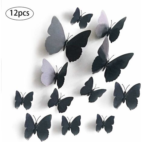12 Pieces 3D Butterflies Stickers Removable Reusable Wall Decal Waterproof PVC Sticker Home DIY Wall Art Wall Decoration for Bedroom Apartment Glue Dots + Magnet (Black)