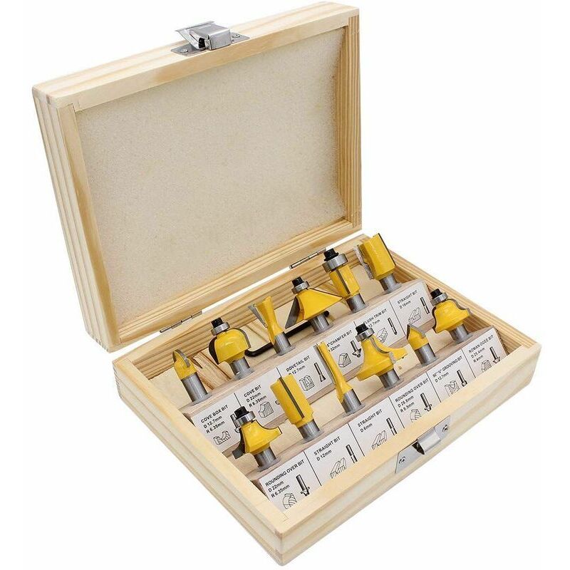 12 Pièces 8mm Tige Fraises à Défoncer Carbure de Tungstène, Fraise à Bois Avec Boîtier De Rangement En Bois Pour Portes, Tables, Etagères, Armoires,