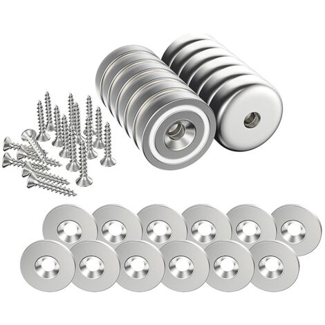 12 pièces Aimants en néodyme 10 KG force 20 x 7 mm avec trou et capsule, aimant en pot fraisé avec vis et 12 coussins en acier (Argent Brillant)