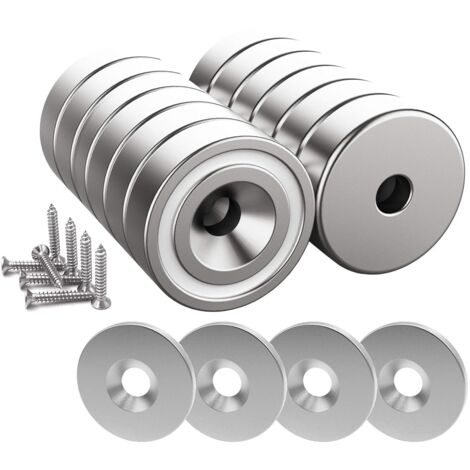 12 pièces Aimants en néodyme 10 KG force 20 x 7 mm avec trou et capsule, aimant en pot fraisé avec vis et 12 coussins en acier (Argent Brillant)