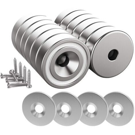 12 pièces Aimants en néodyme 10 KG force 20 x 7 mm avec trou et capsule, aimant en pot fraisé avec vis et 12 coussins en acier (Argent Brillant)