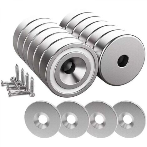 12 pièces Aimants en néodyme 10 KG force 20 x 7 mm avec trou et capsule, aimant en pot fraisé avec vis et 12 coussins en acier (Argent Brillant)