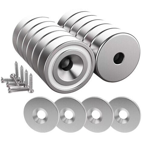12 pièces Aimants en néodyme 10 KG force 20 x 7 mm avec trou et capsule, aimant en pot fraisé avec vis et 12 coussins en acier (Argent Brillant)