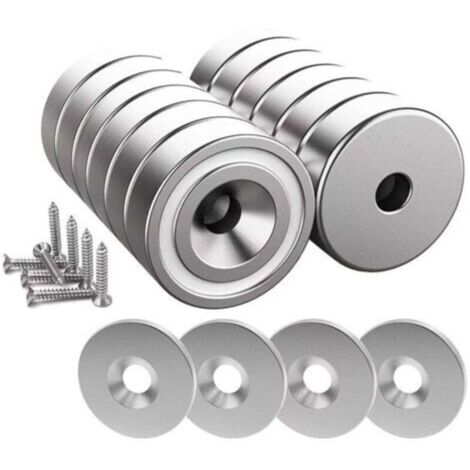 12 pièces Aimants en néodyme 10 KG force 20 x 7 mm avec trou et capsule, aimant en pot fraisé avec vis et 12 coussins en acier (Argent Brillant)