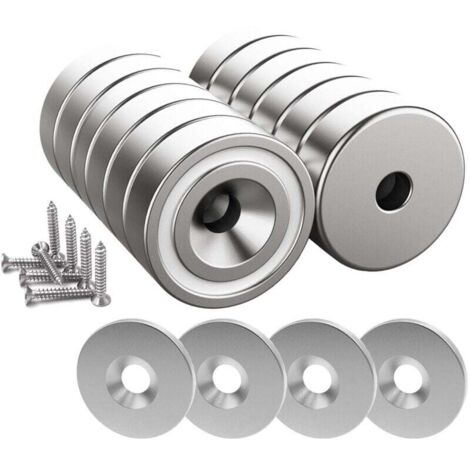 12 pièces Aimants en néodyme 10 KG force 20 x 7 mm avec trou et capsule, aimant en pot fraisé avec vis et 12 coussins en acier (Argent Brillant) H252