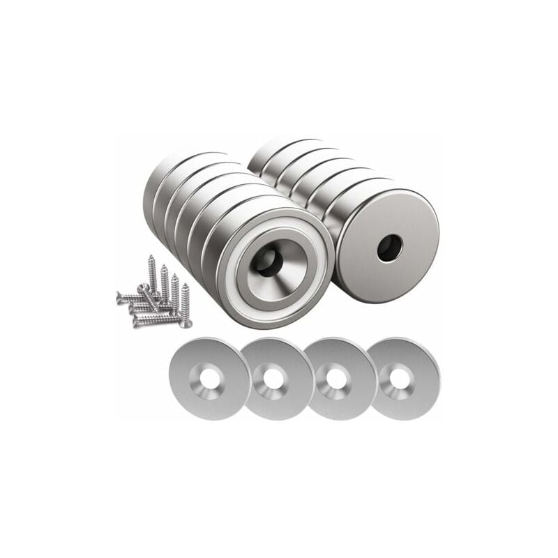 SNQ - 12 pièces Aimants en néodyme 10 kg force 20 x 7 mm avec trou et capsule, aimant en pot fraisé avec vis et 12 coussins en acier (Argent