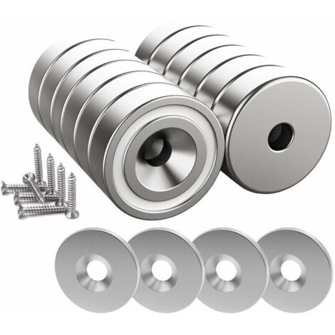 12 pièces Aimants en néodyme 10 KG force 20 x 7 mm avec trou et capsule, aimant en pot fraisé avec vis et 12 coussins en acier (Argent Brillant) thsinde--