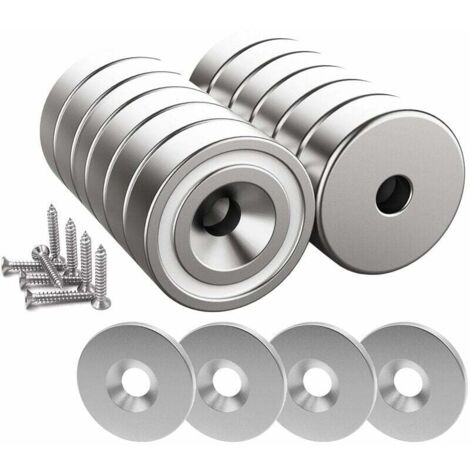 12 pièces Aimants en néodyme 10 KG force 20 x 7 mm avec trou et capsule, aimant en pot fraisé avec vis et 12 coussins en acier (Argent Brillant) thsinde--TRIMEC