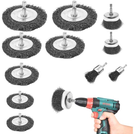 12 Pièces Brosse Métallique pour Perceuse,6mm Wire Brush Cordless Screwdriver with Hexagonal Lever,Metal Brush for Polishing, Sanding, Rust Removal.