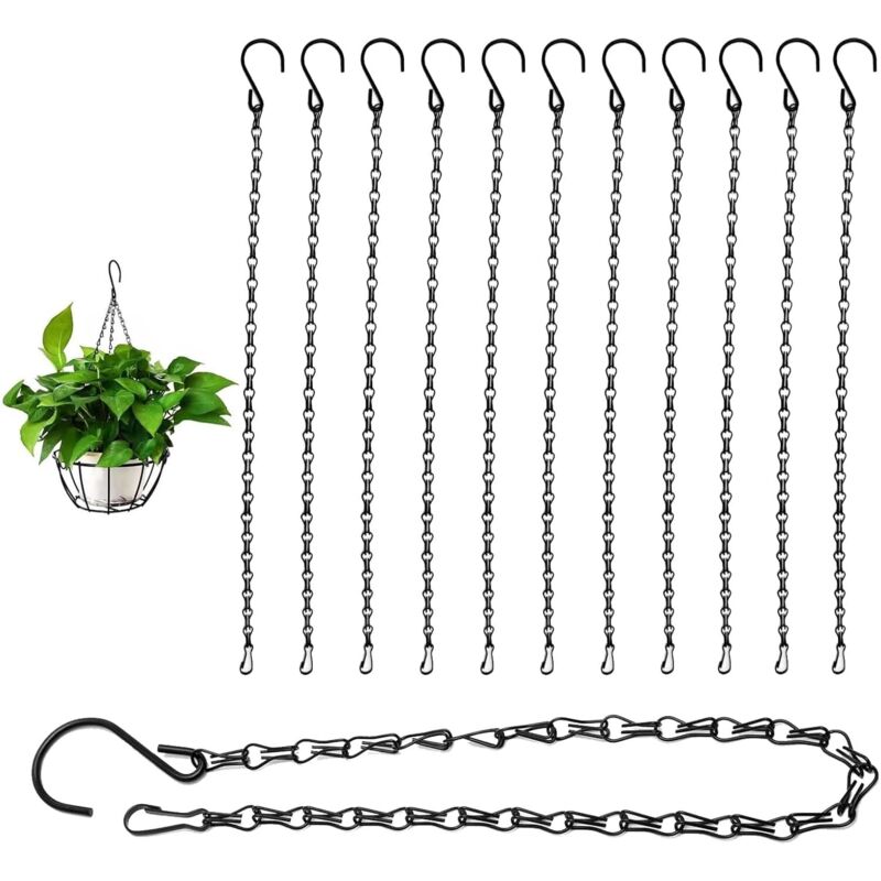 12 Pièces Chaînes De Suspension 50 cm, Noir Chaîne Suspendue, Chaîne en Métal De Suspension, Chaîne avec Crochet pour Pot De Fleurs, Mangeoires,