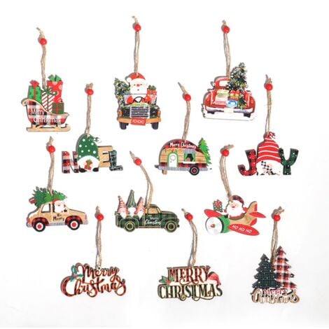 12 Pieces Christmas Wooden Hanging Ornaments Red Car Truck Santa Claus Tree House Wooden Hanging Craft for Christmas Home Decoration