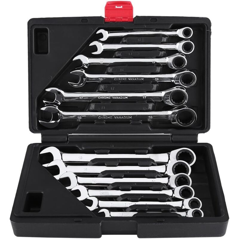 12 Pièces Clé à cliquet Kit d'outils 8–19mm Clé Mixte Professionelle Clé à Cliquet Cle Plate a Cliquet avec Valise à Outils, Angle de retour 5°,