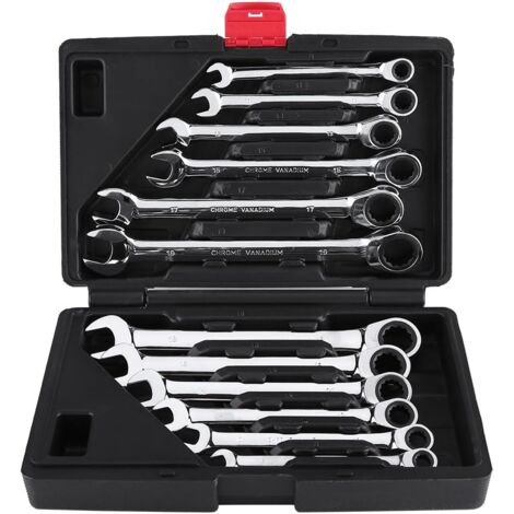 12 Pièces Clé à cliquet Kit d'outils 8–19mm Clé Mixte Professionelle Clé à Cliquet Cle Plate a Cliquet avec Valise à Outils, Angle de retour 5°, cliquet de qualité 72 dents