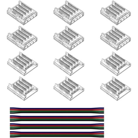12 Pièces Connecteur LED à 4 Broches 10mm avec 4 Câbles Extension 22 AWG pour Ruban RGB 5050 SMD Streifen Steckverbinder Set 12V/24V Sans Soudure Extension RGB Adressable 4Pin Gapless Transparent