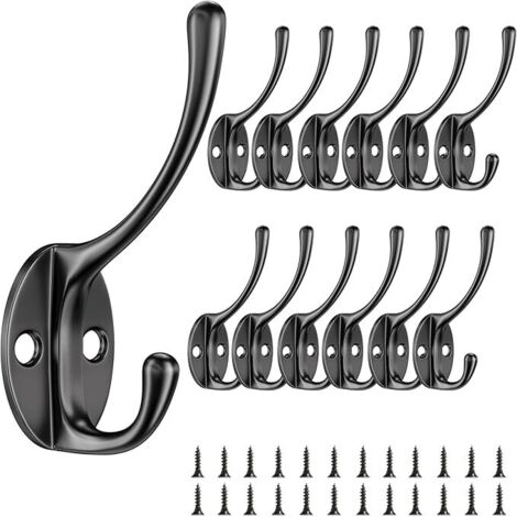 12 pièces Crochet Mural, Crochet Porte Manteau avec Vis, Vintage en Métal Double Patères Porte Manteaux,Léger et Pratique Coat Hooks, pour Chambre, Armoire, Salle de Bain (Noir)