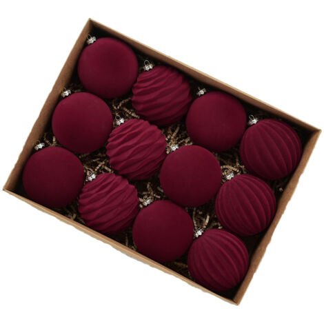12 pièces de décorations de boules de Noël rétro exquises, boules de Noël en velours, 8 cm, bordeaux