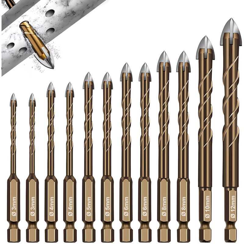12 Pièces Foret Carrelage, Foret Diamant Carrelage Ø 3-12 mm, Meche Carrelage Hexagonal, pour Verre, Métal, Briquep, Plastique, Bois