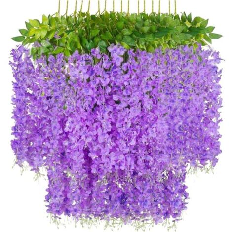 12 Pièces Glycine Artificielle en Plastique Plantes Suspendues pour Décoration Mariage Maison Fête Bureau Hôtel Rebord Fenêtre Violet