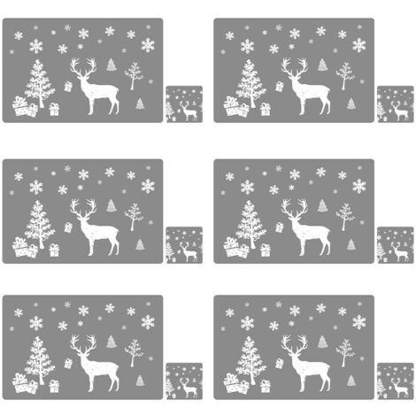 12 pièces (gris) sets de table de Noël en PVC sous-verres ensemble de couverts, napperons lavables résistants à la chaleur en forme de renne de Noël résistants à la chaleur pour la décoration de table