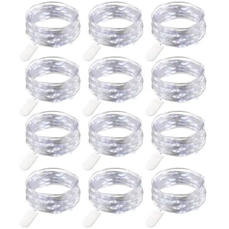 12 Pièces Guirlande Lumineuse à Piles - HYKJside - Blanc Froid - 2 Mètres - Fil de Cuivre - Mini Guirlande LED Batterie Décoration