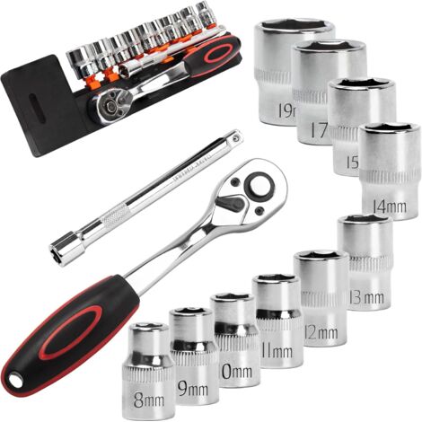 12 Pièces Jeu de Clés à Douille avec Cliquets 3/8" Inserts Hexagonaux 8mm - 19mm et Rallonge Cliquet Réversible 150mm en Cr-V Déclencheur Bouton Poussoir Pièces-Cliquet
