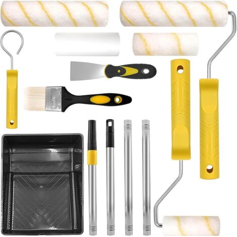 12 Pièces Kit Bacs Rouleau de Peinture avec Poignée Manche Extension Amovible, 10/23cm Supports Rouleaux Peinture et Plateaux, Pinceaux, Outil Mélangeur, Spatule Peindre & Rénover Murs Plafonds