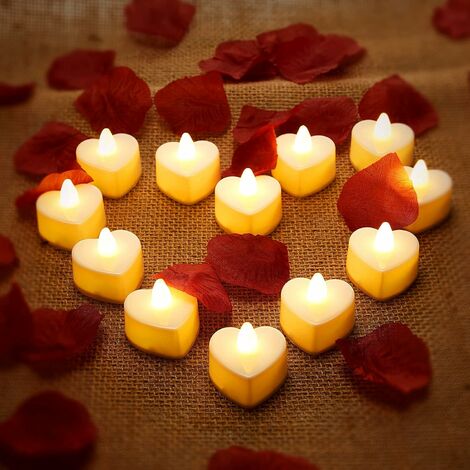 12 Pieces LED Tealight Candles Heart Shape LED Love Candles with 200 Silk Rose Petals Fake Scatter Petals for Valentine's Day (Yellow Light, Dark Red Petal)