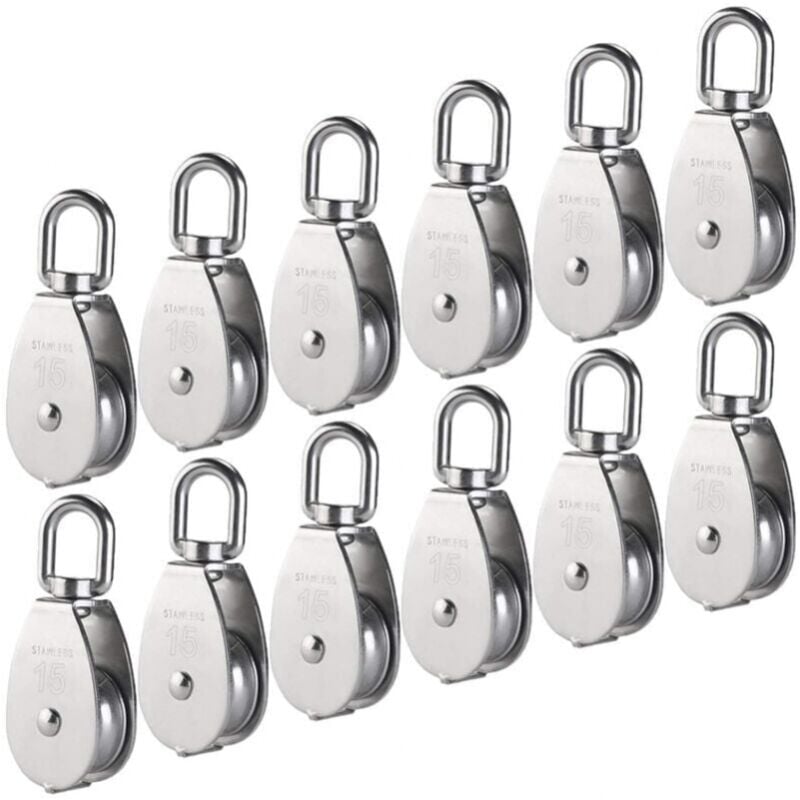 12 Pièces M15 Poulie Simple en Acier Inoxydable 304, 15MM Seul Poulies Bloc Rouleau, Grue Pivot Crochet Lisse Fil Corde Câble Chargement 77lbs/35Kg
