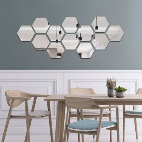 12 Pièces Miroir Acrylique Adhésif Autocollant Mural Miroirs Muraux Stickers Salon Chambre Décor 17.7 cm x 15.3 cm (Hexagone, Argent)