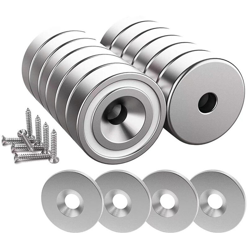 12 pieces Neodymium Magnets 10 KG force 20 x 7 mm with hole and capsule, countersunk pot magnet with screw and 12 steel cushions (Shiny Silver)