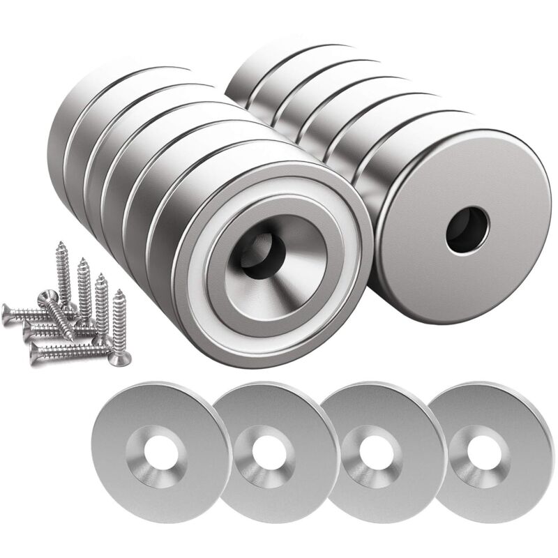 12 pieces Neodymium magnets 10 KG force 20 x 7 mm with hole and capsule, countersunk pot magnet with screw and 12 steel pads (Bright Silver)