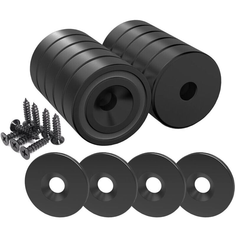 12 pieces Neodymium Magnets 10 KG Force 20 x 7 mm with Hole and Capsule, Countersunk Pot Magnet with Screw and 12 Steel Pads (Piano Black)
