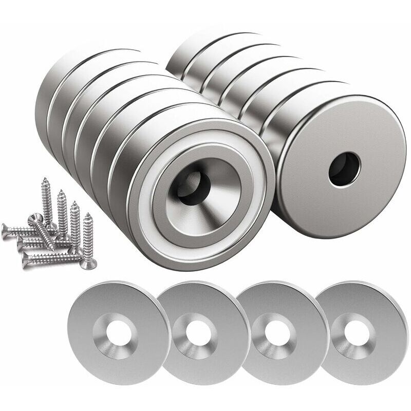 Neige - 12 pieces Neodymium magnets 10 kg strength 20 x 7 mm with hole and capsule, countersunk pot magnet with screws and 12 steel pads (Shiny