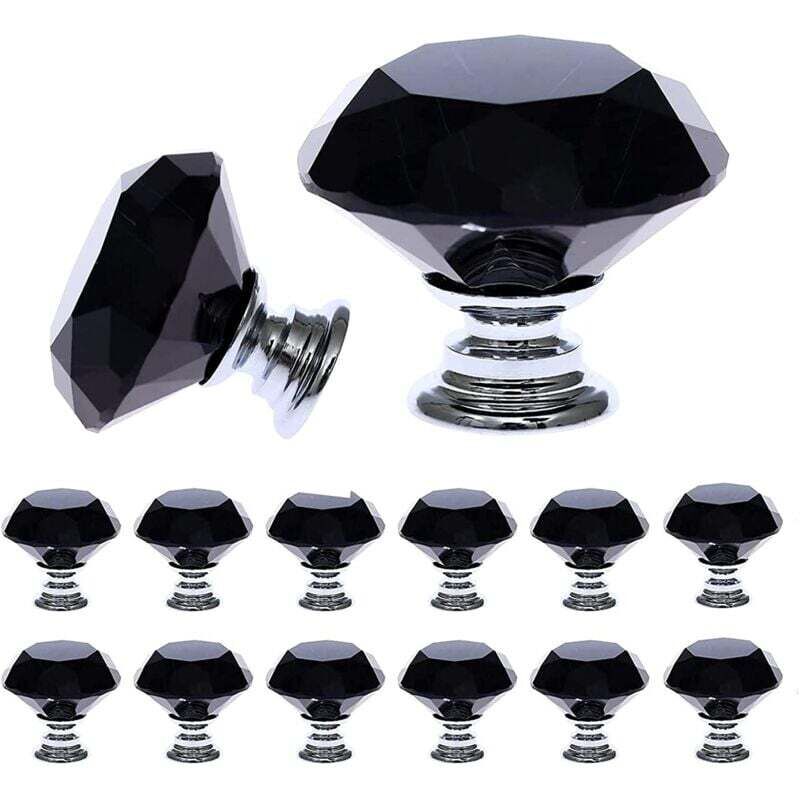 12 Pièces Noir Cristal Verre Meuble Poignées (30 mm), Bouton de Meuble avec de taille, Bouton de Porte, Tiroir de Poignée, Poignée de Portes pour
