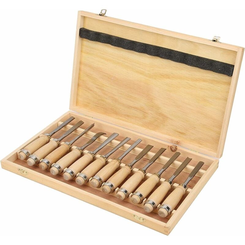 12 Pièces Outils de Sculpture sur Bois, Jeu de Ciseaux à Bois avec Manche en Bois et Moulinet Couteau à Sculpter Outil de Sculpture pour Débutants,