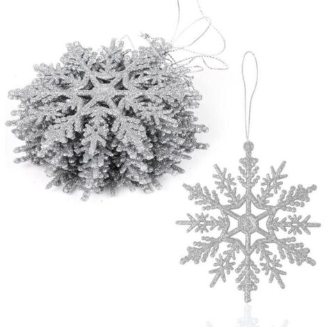 12 pièces Pendentif Flocon de Neige de Noël, 10 cm Décorations Suspendues Ornements pour Sapin de Noël - Argent