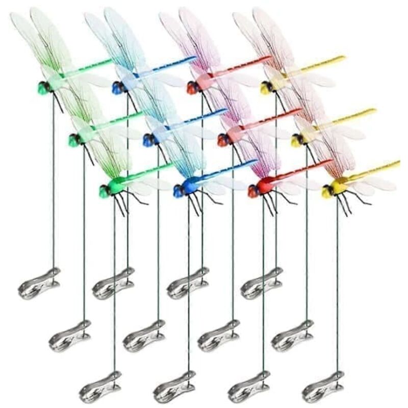 12 Pièces Pinces Libellule Artificielles pour Extérieur – Décoration de Jardin 3D, Pinces Libellules 3D Décoratives