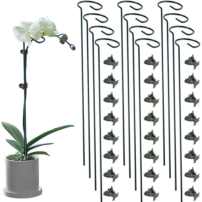 12 Pièces Piquets de Support pour Plantes, Support de Plante à Tige Unique de 40 cm/ 15,9 Pouces avec 24 Pièces Clip de Jardinage Phalaenopsis Clip