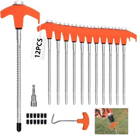 12 Pièces Piquets de Tente à Visser 20cm avec Foreur Hexagonal, Piquet en Acier avec Filetage, Sardines Camping Robustes pour Sol Dur, Jardin, Randonnée