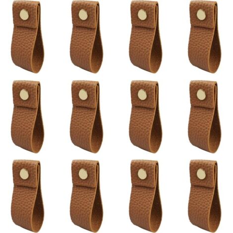 12 Pièces Poignee Cuir Marron PU Poignée de Tiroir en Cuir Poignées de Placard avec Vis Accessoires pour Meubles, Cuisine, Salle Bain Armoires Cabinet, Garde-Robe Commode,