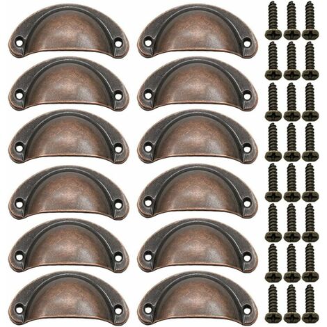 12 Pièces Poignée de Porte Coquille, Rétro Poignées de Porte, Poignées de Meubles Traditionnelles en Demi Lune Avec Vis, pour Tiroir, Armoire, Commode (Bronze Rouge)