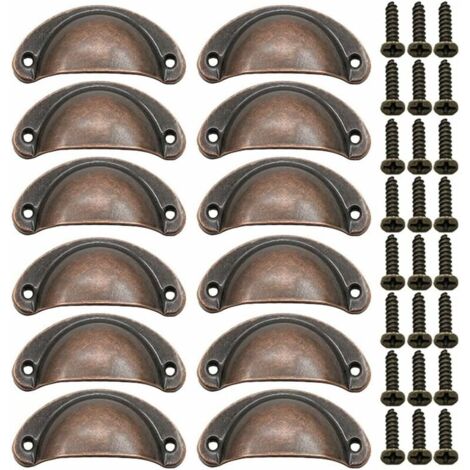 12 Pièces Poignée de Porte Coquille, Rétro Poignées de Porte, Poignées de Meubles Traditionnelles en Demi Lune Avec Vis, pour Tiroir, Armoire, Commode (Bronze Rouge)